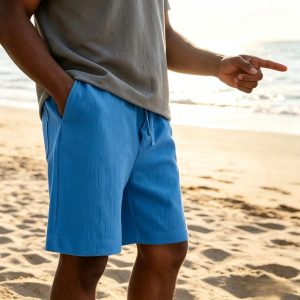 Men's Texture Crinkled Daily Casual Shorts Drawstring Elastic Waist Shorts - Blue