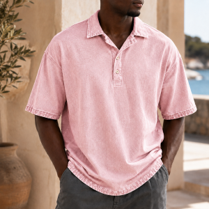 Men’s Vintage Washed Cotton Linen Oversized Polo Shirt - Pink