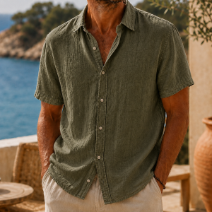 Men’s Vintage Washed Cotton Linen Short Sleeve Shirt - Army Green
