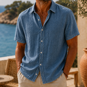 Men’s Vintage Washed Cotton Linen Short Sleeve Shirt - Denim Blue