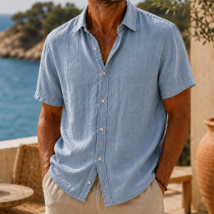 Men’s Vintage Washed Cotton Linen Short Sleeve Shirt - Fog Blue