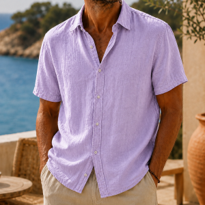 Men’s Vintage Washed Cotton Linen Short Sleeve Shirt - Lavender Lilac