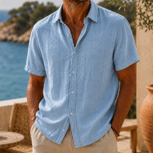 Men’s Vintage Washed Cotton Linen Short Sleeve Shirt - Light Blue