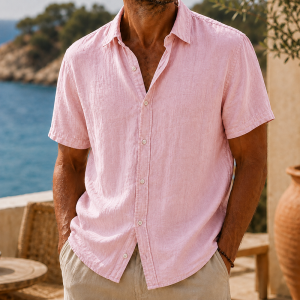 Men’s Vintage Washed Cotton Linen Short Sleeve Shirt - Pink