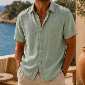 Men’s Vintage Washed Cotton Linen Short Sleeve Shirt - Sage Green