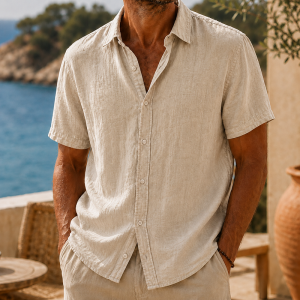 Men’s Vintage Washed Cotton Linen Short Sleeve Shirt - Sand Beige