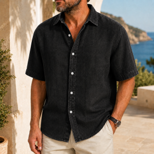 Men’s Vintage Washed Short Sleeve Button-Up Shirt - Black