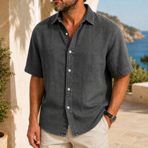 Men’s Vintage Washed Short Sleeve Button-Up Shirt - Dark Gray