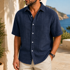 Men’s Vintage Washed Short Sleeve Button-Up Shirt - Navy
