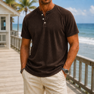 Men’s Washed Cotton Henley T-Shirt - Dark Brown