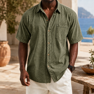 Retro Casual Lapel Pocket Solid Color Short Sleeve Shirt - Army Green