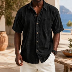 Retro Casual Lapel Pocket Solid Color Short Sleeve Shirt - Black