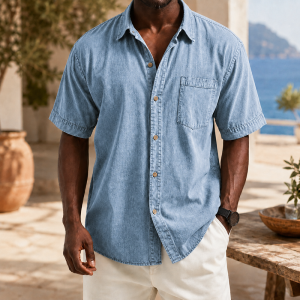 Retro Casual Lapel Pocket Solid Color Short Sleeve Shirt - Mist Blue