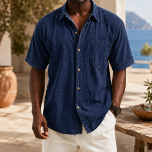 Retro Casual Lapel Pocket Solid Color Short Sleeve Shirt - Navy