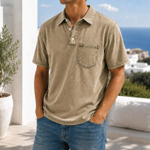 Retro Everyday Lapel Pocket Casual Short Sleeve Polo - Khaki