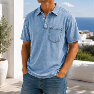 Retro Everyday Lapel Pocket Casual Short Sleeve Polo - Mist Blue