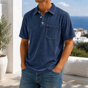 Retro Everyday Lapel Pocket Casual Short Sleeve Polo - Navy