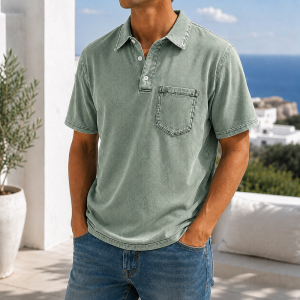 Retro Everyday Lapel Pocket Casual Short Sleeve Polo - Sage Green