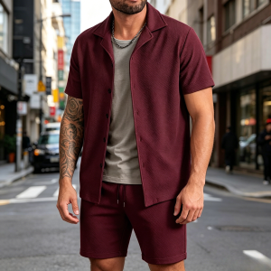 Simple Loose Fit Textured 2-Piece Sets - Red