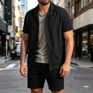 Simple Loose Fit Textured 2-Piece Sets - Black