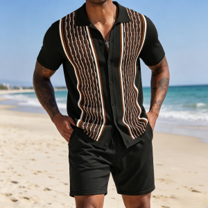 Vintage Knit Shirt Shorts Sets - Black