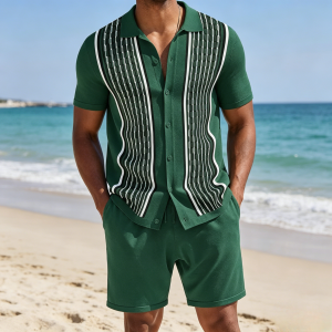 Vintage Knit Shirt Shorts Sets - Dark Green