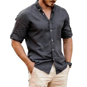 Men's Lightweight Linen Stand Collar Shirt - Charcoal Gray