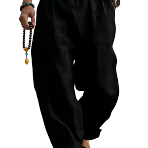 Men’s Linen Blend Loose Fit Pants  Breathable Summer Beach Trousers - Black