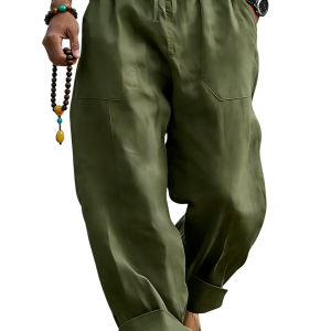 Men’s Linen Blend Loose Fit Pants  Breathable Summer Beach Trousers - Army Green