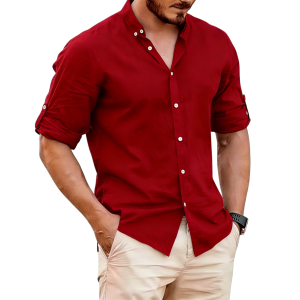 Men's Lightweight Linen Stand Collar Shirt - Red