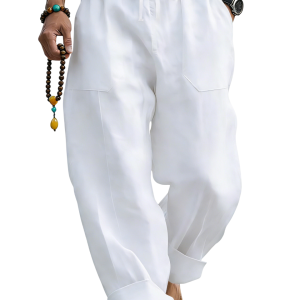 Men’s Linen Blend Loose Fit Pants  Breathable Summer Beach Trousers - White