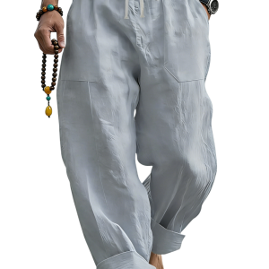 Men’s Linen Blend Loose Fit Pants  Breathable Summer Beach Trousers - Gray