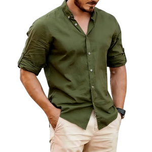 Men's Lightweight Linen Stand Collar Shirt - Army Green