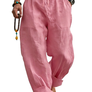 Men’s Linen Blend Loose Fit Pants  Breathable Summer Beach Trousers - Pink