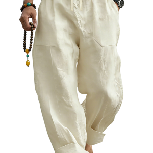 Men’s Linen Blend Loose Fit Pants  Breathable Summer Beach Trousers - Beige