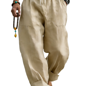 Men’s Linen Blend Loose Fit Pants  Breathable Summer Beach Trousers - Light Khaki
