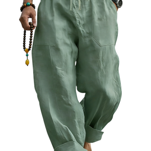 Men’s Linen Blend Loose Fit Pants  Breathable Summer Beach Trousers - Sage Green