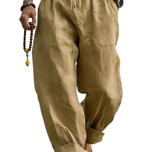Men’s Linen Blend Loose Fit Pants  Breathable Summer Beach Trousers - Dark Khaki