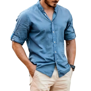 Men's Lightweight Linen Stand Collar Shirt - Blue