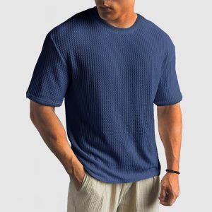 Men's Casual Knit Textured Breathable Crew Neck T-Shirt - Blue