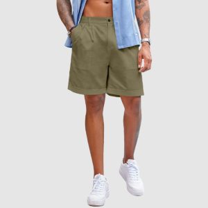 Men’s Linen Shorts Classic Fit Casual Elastic Waist Summer Beach Shorts - Green