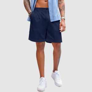 Men’s Linen Shorts Classic Fit Casual Elastic Waist Summer Beach Shorts - Navy Blue