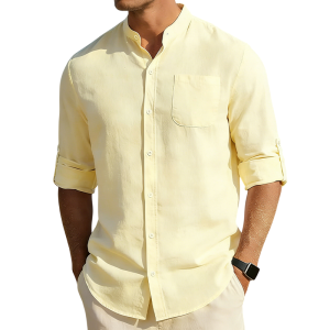 Men’s Cotton Linen Band Collar Shirt - Cream