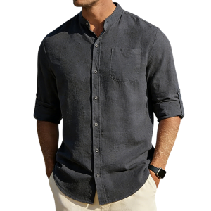 Men’s Cotton Linen Band Collar Shirt - Dark gray