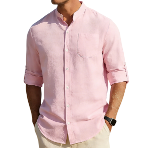 Men’s Cotton Linen Band Collar Shirt - Pink